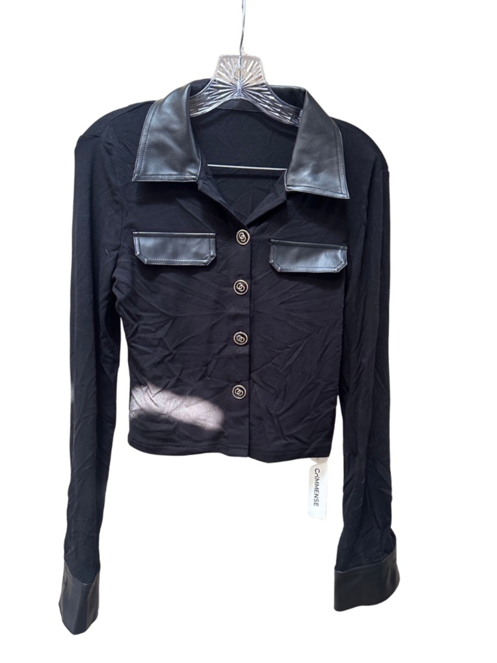 NEW Commense Faux Leather Panel Button-Front Knit Top - Misses Small